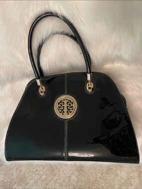 Black Patent Vegan Leather Oversized Shoulder Bag with Gold Medallion Accent